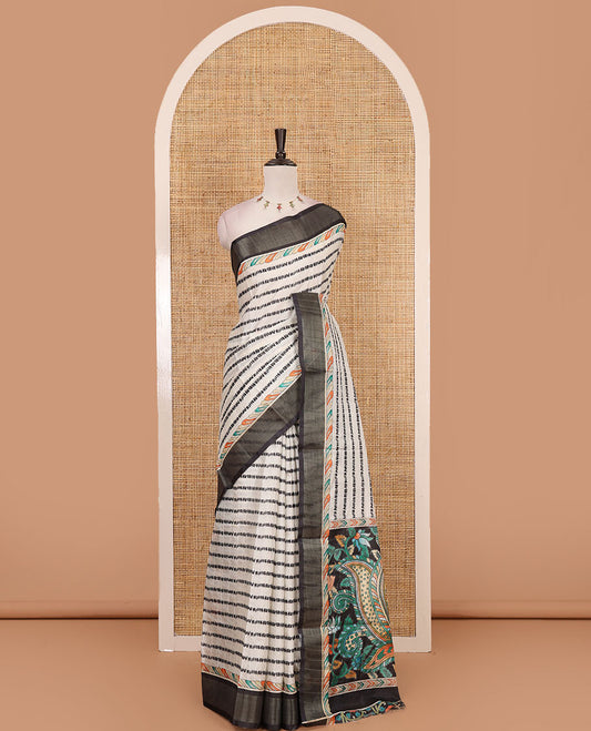 Sandal shibori-style printed soft-tussar saree, contrast zari border, kalamkari peacock printed pallu & kalamkari floral vine print contrast blouse