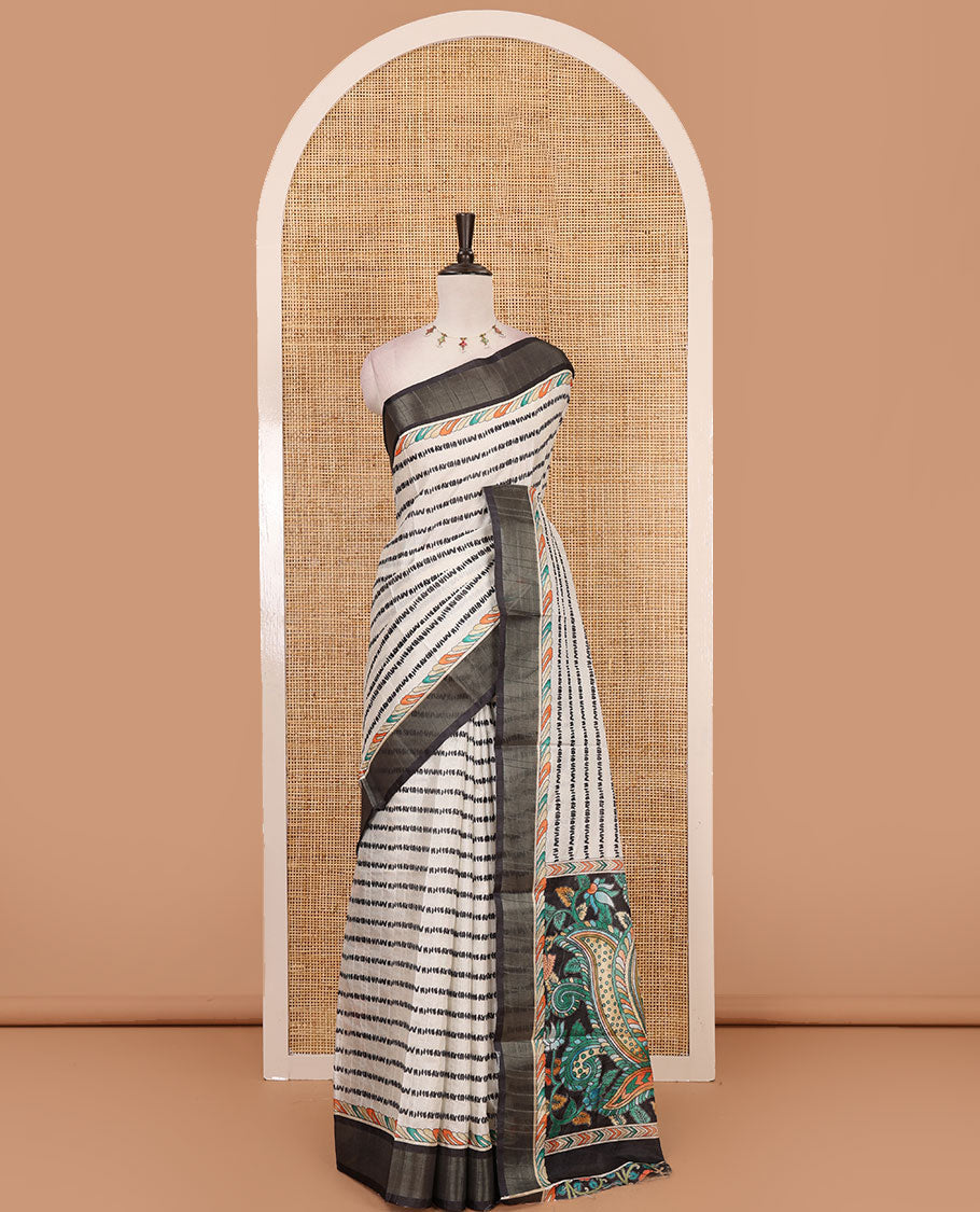 Sandal shibori-style printed soft-tussar saree, contrast zari border, kalamkari peacock printed pallu & kalamkari floral vine print contrast blouse