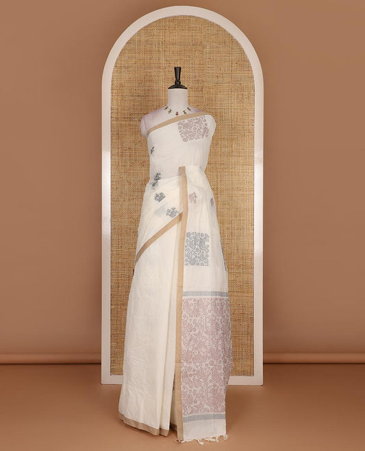 Cream bird motifs printed Handloom cotton saree, contrast piping border, pallu of bird motifs print, and a matching blouse