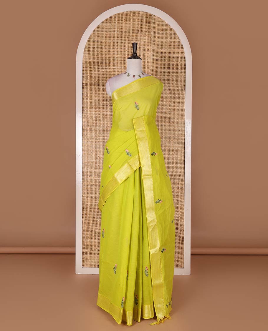 Green floral motifs, thread embroidered mangalagiri cotton saree, traditional zari border, pallu of giraffe, and floral embroidery, and matching blouse