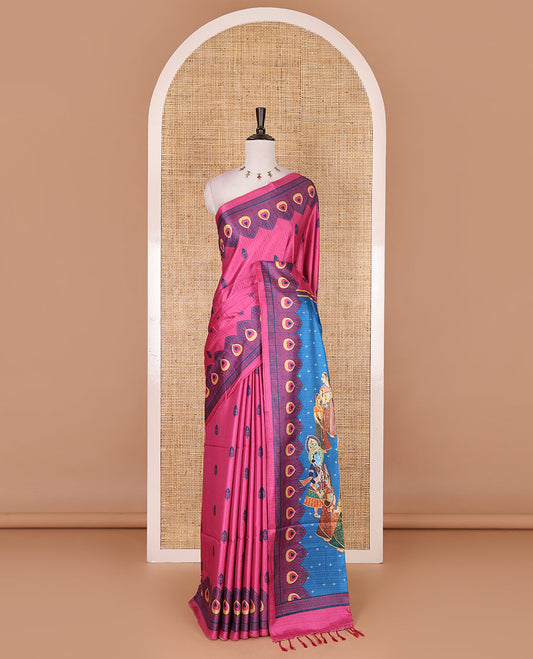 Pink peacock feathers motifs printed katan silk saree, peacock feathers printed border, contrast Radha Krishna stories printed pallu, and contrast printed blouse