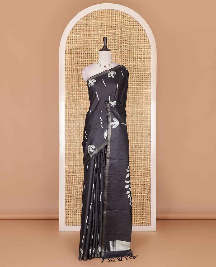 Black jasmine bud motifs printed kathan silk saree, double-headed eagle motif zari piping border, pichwai cow printed pallu, and floral printed blouse