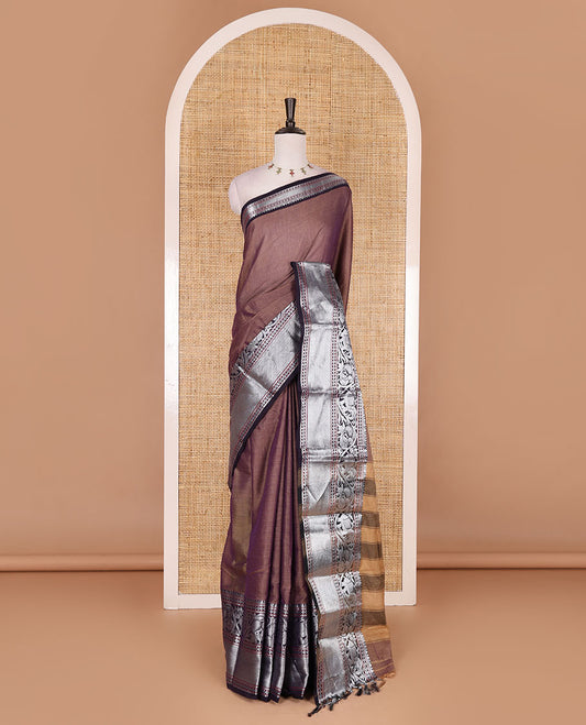Lavender plain mercerised cotton saree, contrast traditional zari border of elephant and peacock designs, striped pallu, and plain blouse