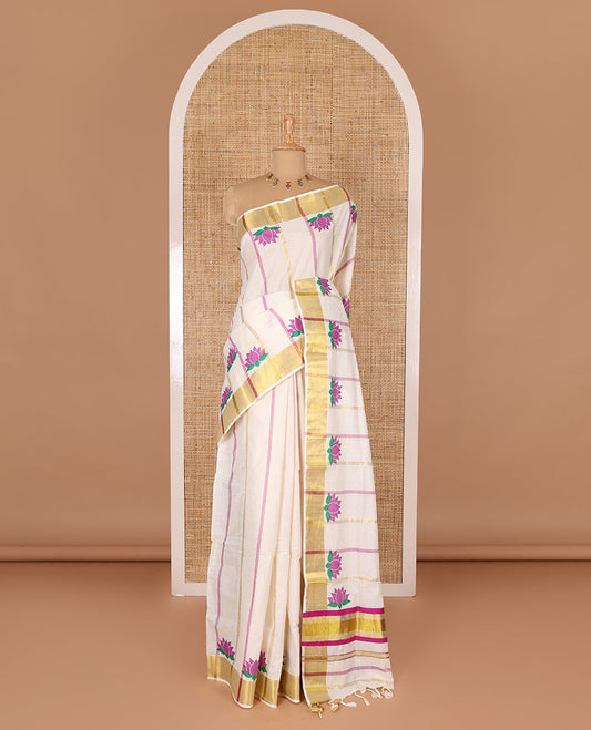 Cream-purple striped and Pichwai lotus motifs printed Kerala cotton saree, gold zari striped border, and a matching blouse