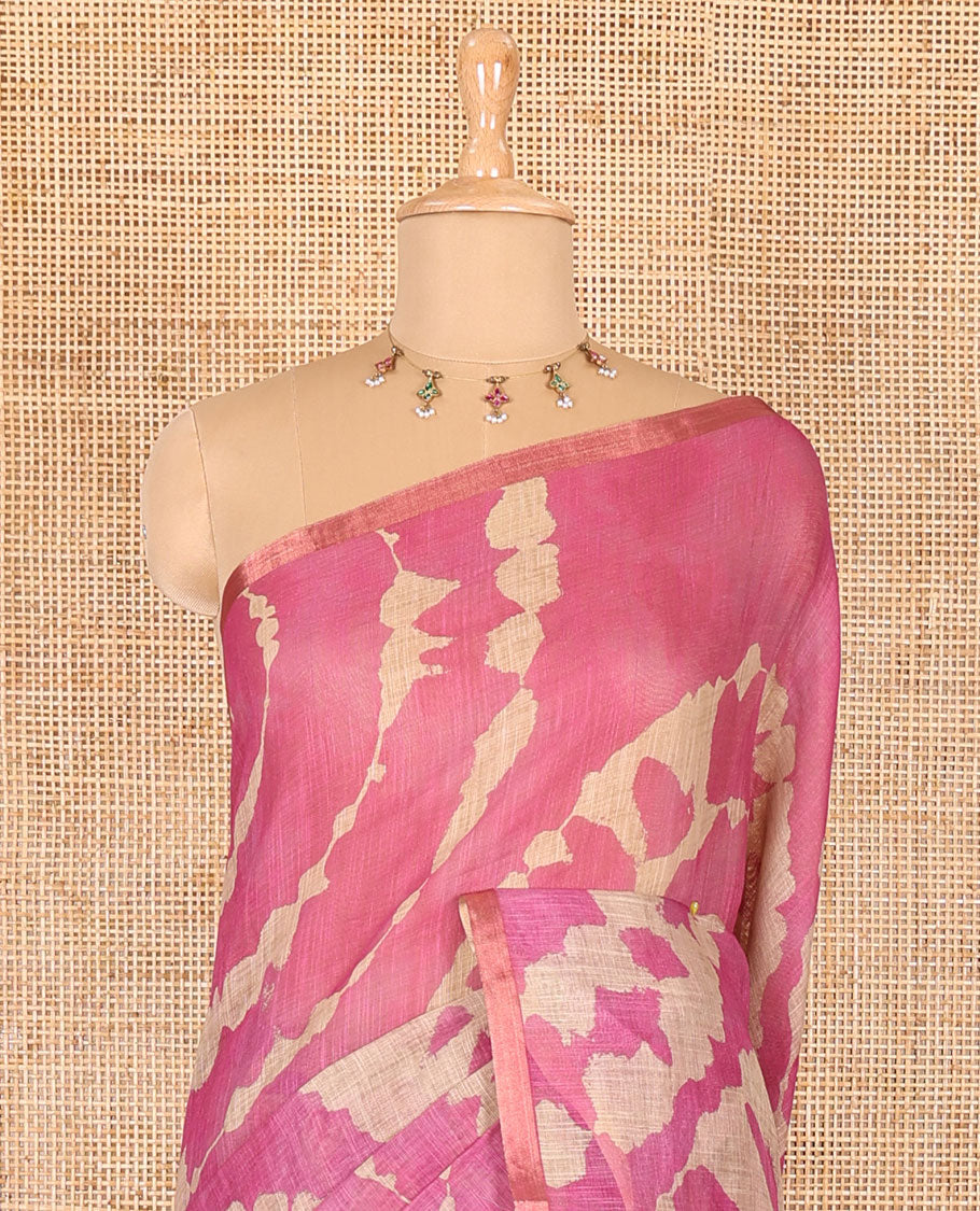 Borderless rani pink batik printed linen cotton saree, hand brush painting style floral vine printed pallu, and contrast floral printed blouse