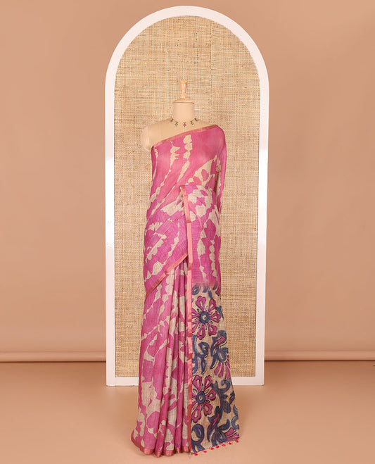 Borderless rani pink batik printed linen cotton saree, hand brush painting style floral vine printed pallu, and contrast floral printed blouse