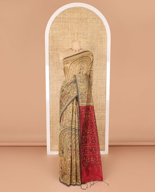 Borderless chikku and red Warli village printed khadi mul cotton saree, contrast Warli motifs printed pallu, and a plain blouse