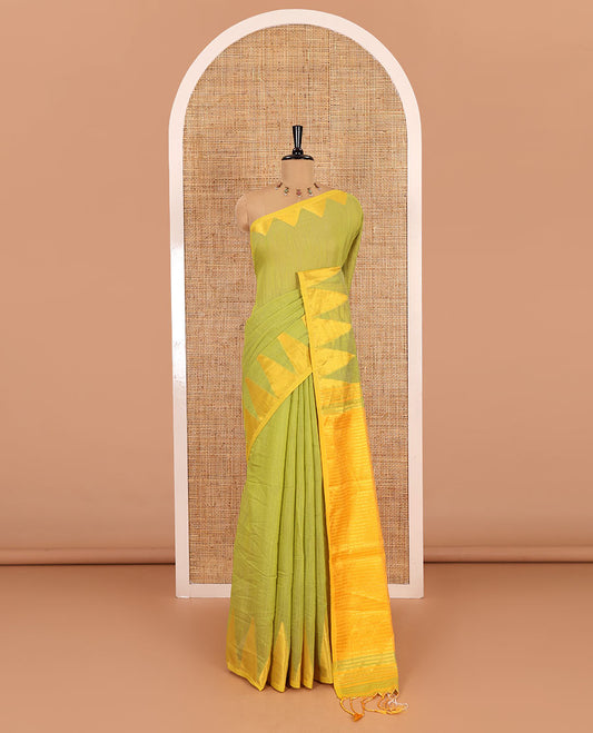 Green plain khadi mul cotton saree, contrast thread temple border, plain pallu, and a contrast plain blouse