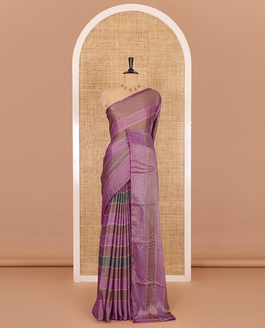 Purple horizontal striped fendy chiffon saree, piping border, striped palu, and blouse of sequins and zari buttas