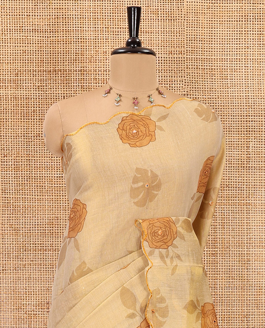 Gold and yellow rose motifs printed with mirror work tissue saree, scallop embroidered border, printed pallu, and a contrast blouse