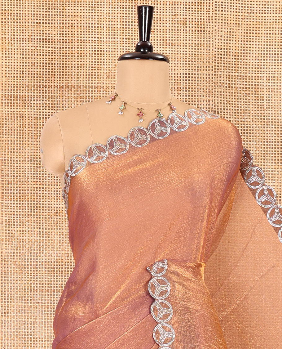 Onion pink plain fendy chiffon saree, scallop micro stone border, intricate stone work pallu, and a matching micro-stone blouse