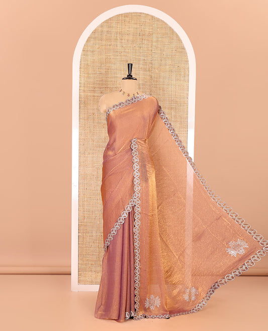 Onion pink plain fendy chiffon saree, scallop micro stone border, intricate stone work pallu, and a matching micro-stone blouse