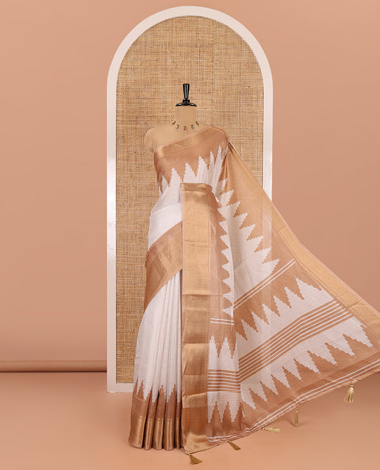 Cream vertical striped dola silk saree, contrast temple traditional zari design border, striped pallu, and a matching blouse