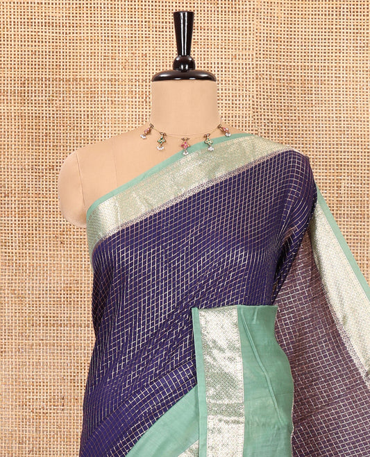 Navy blue zari checked Assam cotton saree, contrast traditional zari design border, zari design pallu, and a contrast zari design blouse