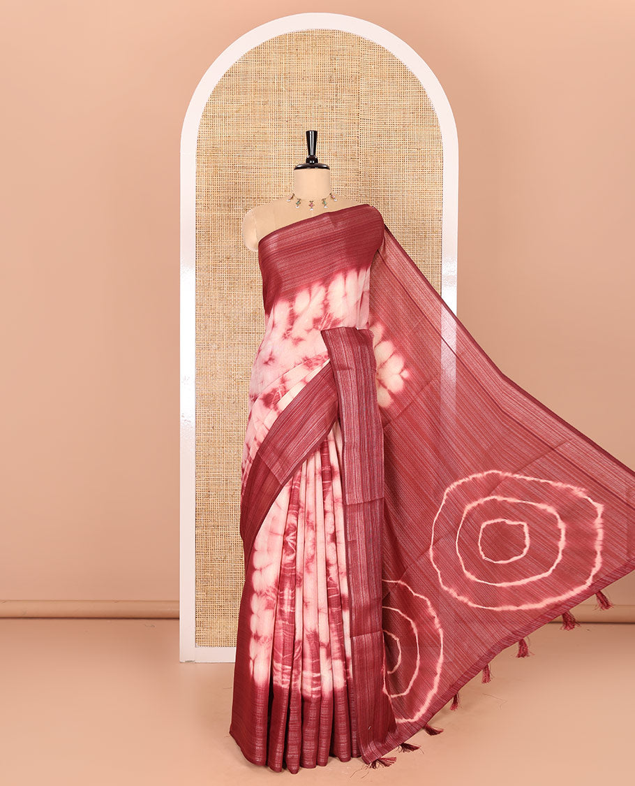Pink Linen Linen Cotton Saree Enlivened with Shibori Print, Complemented by a Contrast Plain Border, Featuring a Shibori-Printed Pallu, Paired with a Contrast Blouse