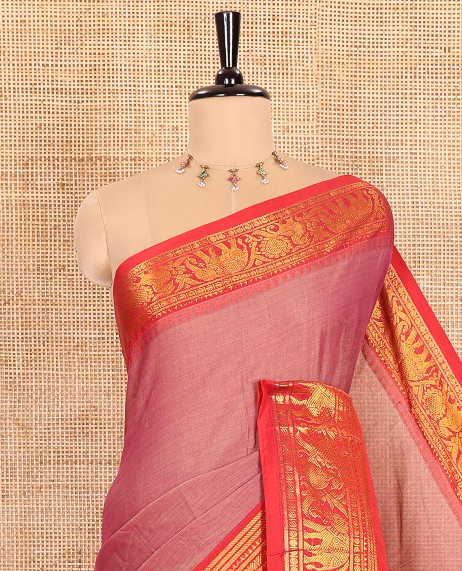 Light Purple Plain Mercerised Cotton Saree Highlighted with a Contrasting Rettai Pettu Border Featuring Peacock and Elephant Motifs in Zari, a Subtly Striped Pallu, and a Matching Blouse