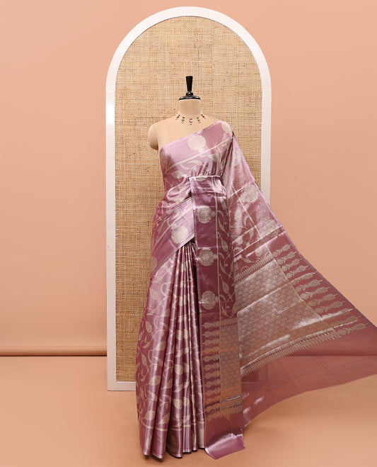Lavender Tissue Silk Saree Elevated with Floral Jaal Brocade Weave, Featuring a Unique Motifs Woven Border, Pallu of Intricate Designs, and Paired with a Matching Brocade Blouse
