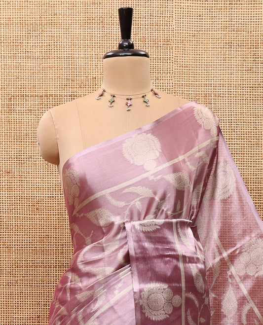 Lavender Tissue Silk Saree Elevated with Floral Jaal Brocade Weave, Featuring a Unique Motifs Woven Border, Pallu of Intricate Designs, and Paired with a Matching Brocade Blouse