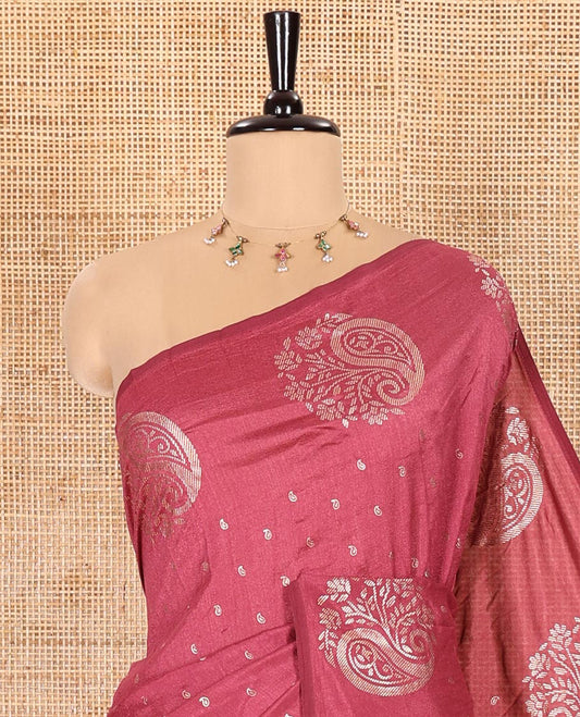 Onion Pink Vichitra Silk Saree Bedecked with Small Paisley Buttas All Over Its Body, Complemented by a Contrast Border of Floral-Paisley Designs, Self Pallu, and Comes Without a Blouse