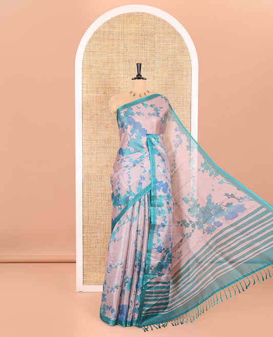 Borderless Beige Kota Chex Saree Beautified with Floral Motifs Digital Print, Subtle Pallu of Stripes, and Paired with a Contrast Plus Printed Blouse