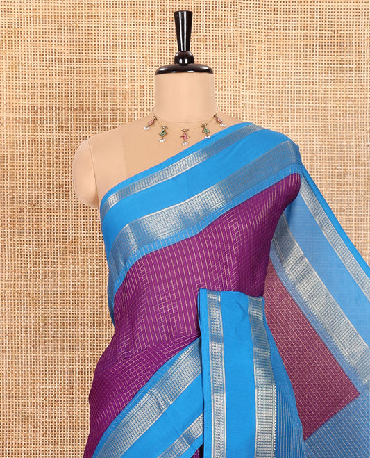 Violet and Blue Moss Chiffon Saree Subtly Sparkled with Zari Checks All Over Its Body, Complemented by a Contrast Traditional Zari Design Border, Striped Pallu, and Paired with a Contrast Blouse