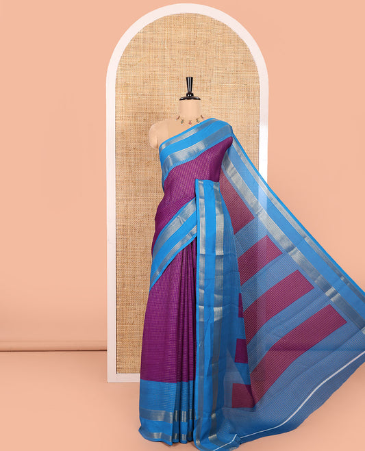 Violet and Blue Moss Chiffon Saree Subtly Sparkled with Zari Checks All Over Its Body, Complemented by a Contrast Traditional Zari Design Border, Striped Pallu, and Paired with a Contrast Blouse