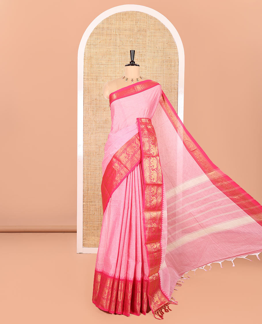 Pink Plain Chettinad Cotton Saree, Complemented by Contrast Temple Traditional Zari Border of Peacock and Elephant Designs, Subtly Striped Pallu, and Paired with a Matching Blouse