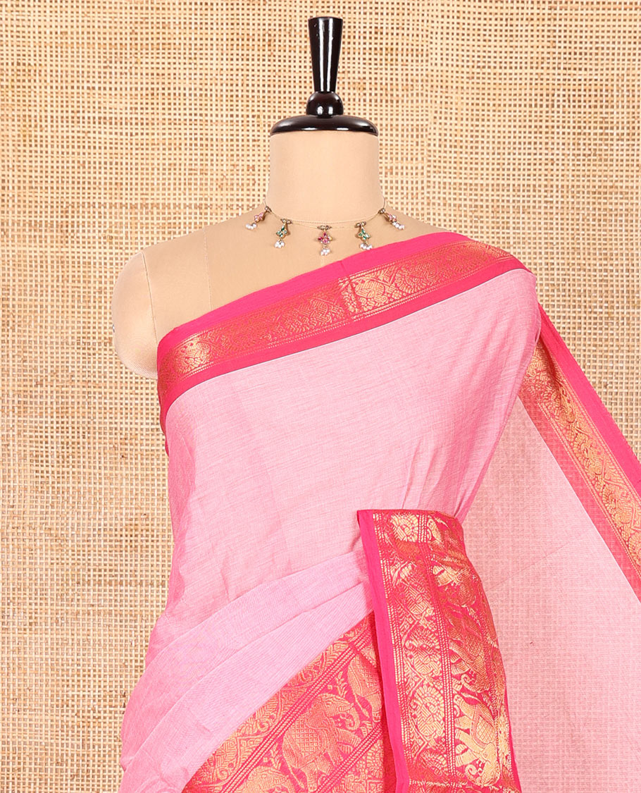 Pink Plain Chettinad Cotton Saree, Complemented by Contrast Temple Traditional Zari Border of Peacock and Elephant Designs, Subtly Striped Pallu, and Paired with a Matching Blouse