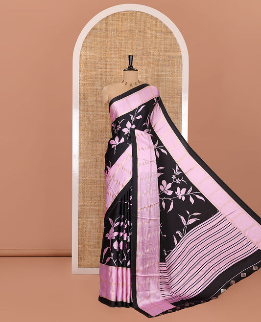 Black and Pink Satin Crepe Saree, Adorned  with Floral Vine Print All Over Its Body, Complemented by a Contrast Foil Printed Checked Border, Pallu Steeped with Stripes, and Paired with a Matching Blouse