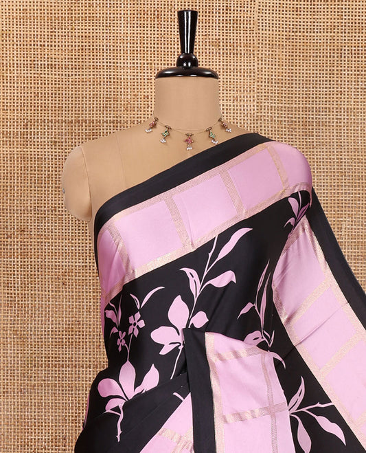 Black and Pink Satin Crepe Saree, Adorned  with Floral Vine Print All Over Its Body, Complemented by a Contrast Foil Printed Checked Border, Pallu Steeped with Stripes, and Paired with a Matching Blouse