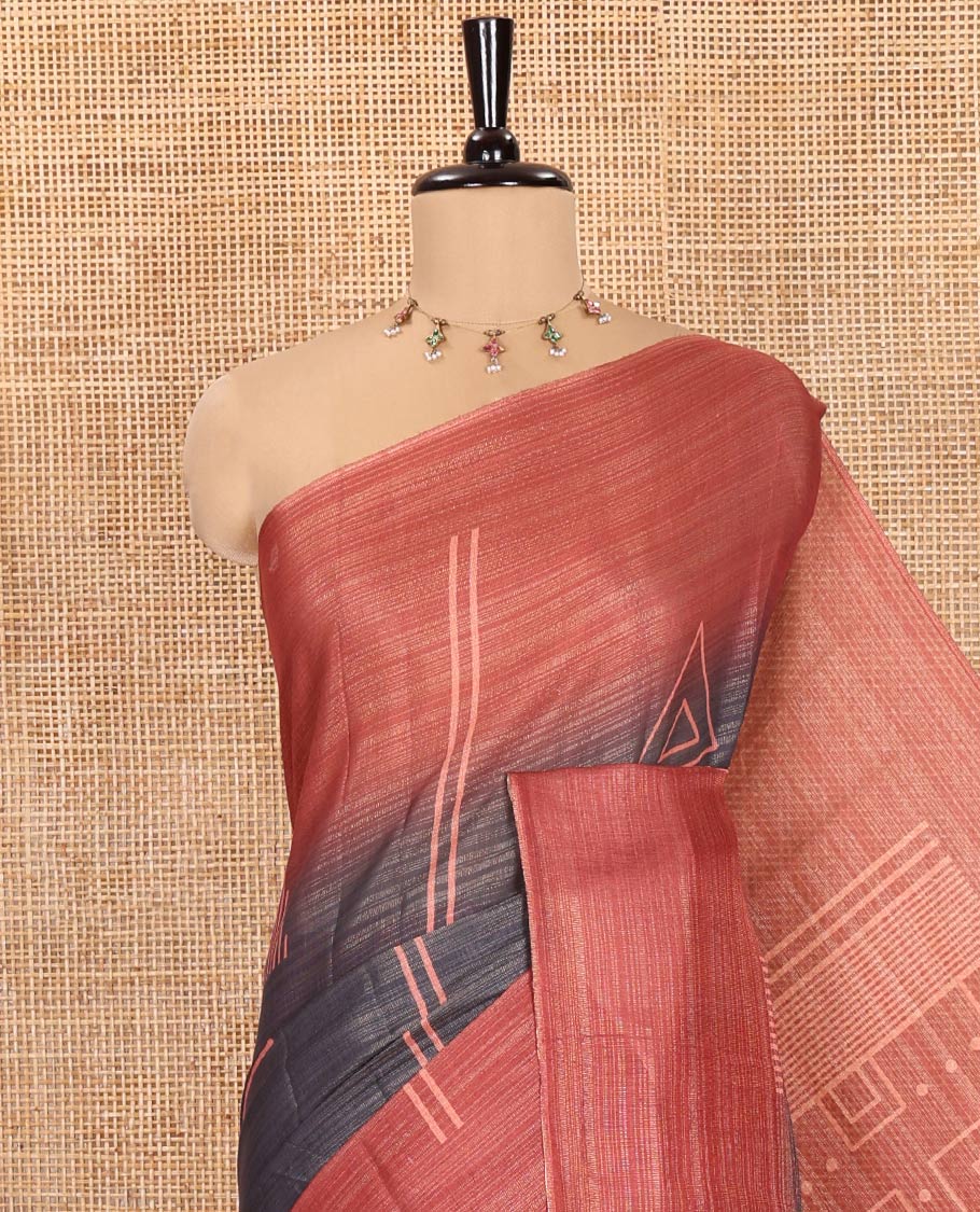 Grey and Orange Tissue Saree, Spotlighted with Horizontal Stripes and Geometric Motifs Printed All Over Its Body, Complemented by a Contrast-Printed Border, Pallu Depicts Geometric Patterns, and Paired with a Contrast Geometric Printed Blouse