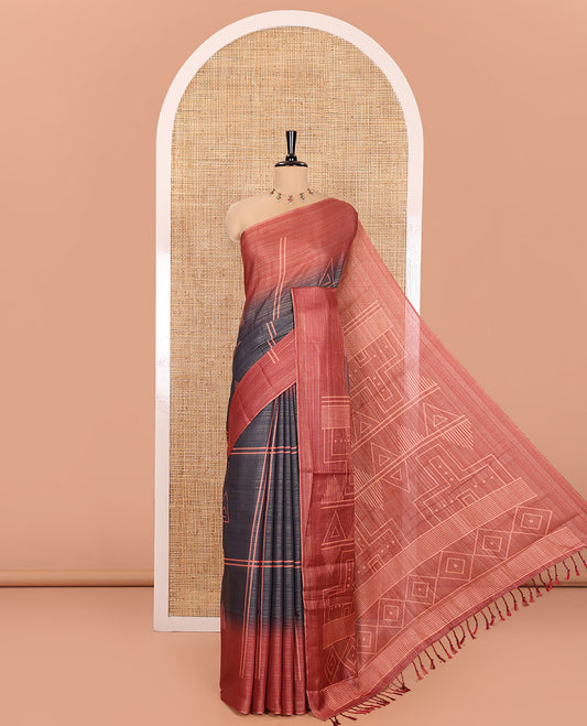 Grey and Orange Tissue Saree, Spotlighted with Horizontal Stripes and Geometric Motifs Printed All Over Its Body, Complemented by a Contrast-Printed Border, Pallu Depicts Geometric Patterns, and Paired with a Contrast Geometric Printed Blouse