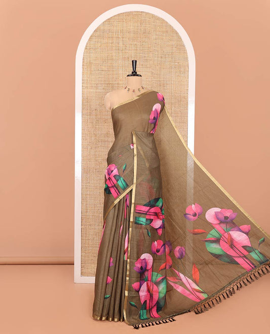 Olive Green Linen Cotton Saree, Adorned with Floral Motifs Printed on Its Body, Subtle Zari Piping Border, Pallu Mirrors the Floral Print, and Comes with a Matching Printed Blouse
