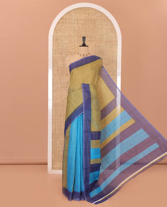 Multi-color Linen Saree, Subtly Sparkled with Stripes on Its Body, Complemented by a Contrast Border, Subtly Striped Pallu, and Comes with a Contrast Blouse