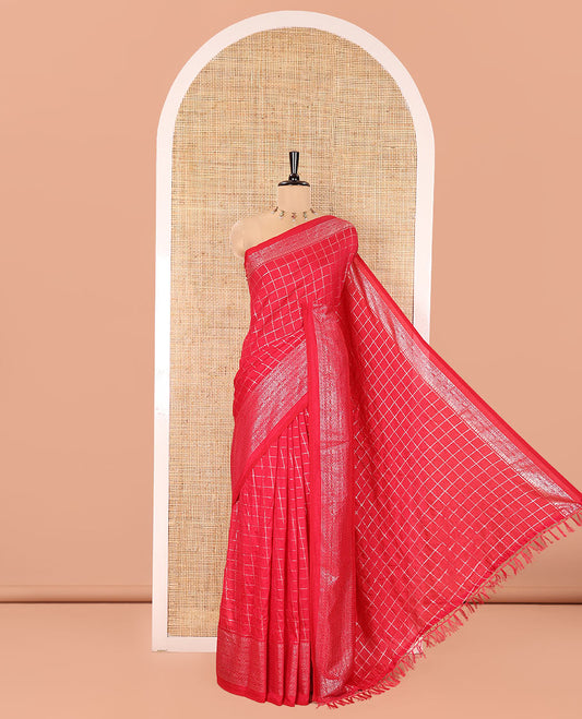 Cherry Red Vichitra Saree, Enthralled with Medium-Sized Checked Design on Its Body, Highlighted by a Traditional Design Border, Self-Pallu, and Comes Without a Blouse