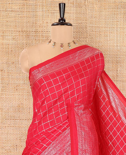 Cherry Red Vichitra Saree, Enthralled with Medium-Sized Checked Design on Its Body, Highlighted by a Traditional Design Border, Self-Pallu, and Comes Without a Blouse