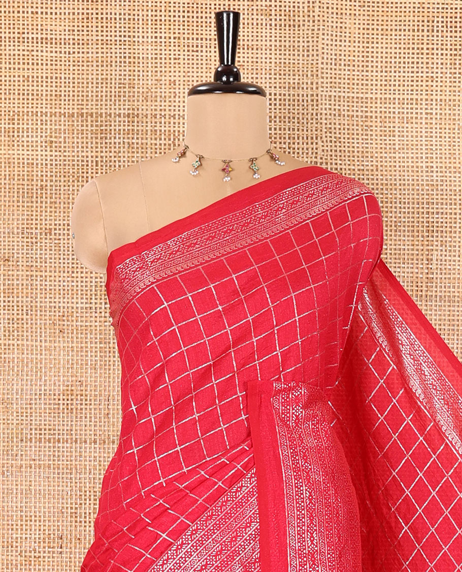 Cherry Red Vichitra Saree, Enthralled with Medium-Sized Checked Design on Its Body, Highlighted by a Traditional Design Border, Self-Pallu, and Comes Without a Blouse
