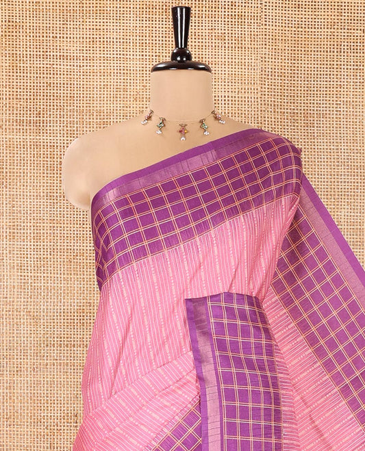 Light Pink Katan Silk Saree, Detailed with Vaira-Oosai-Style Stripes on Its Body, Complemented by a Contrast-Checked Border, Pallu of Jaal Designs, and Paired with a Contrast Blouse