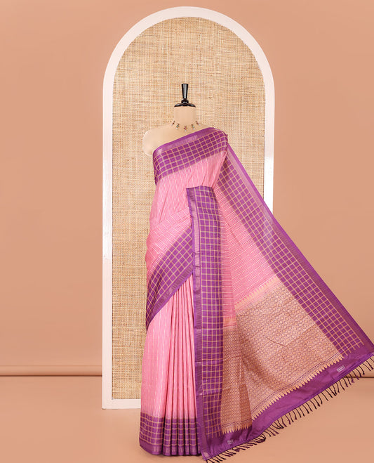 Light Pink Katan Silk Saree, Detailed with Vaira-Oosai-Style Stripes on Its Body, Complemented by a Contrast-Checked Border, Pallu of Jaal Designs, and Paired with a Contrast Blouse