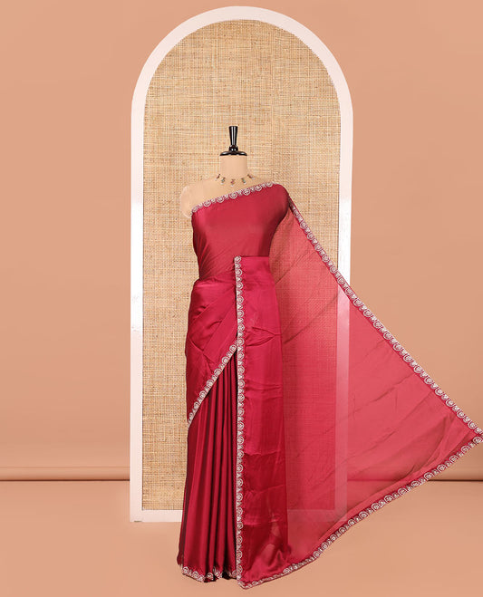 Magenta Plain Rangoli Chiffon Saree, Decorated with Piping Embroidered Border, Self-Pallu, and Paired with a Matching Embroidered Blouse
