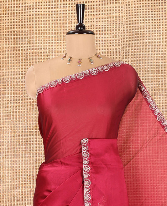 Magenta Plain Rangoli Chiffon Saree, Decorated with Piping Embroidered Border, Self-Pallu, and Paired with a Matching Embroidered Blouse