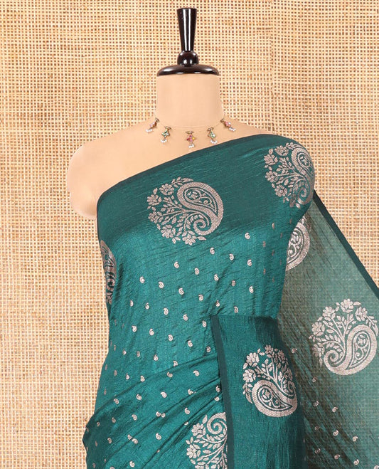 Borderless Peacock Vichitra Silk Saree, Elevated  with Paisley and Flora-Paisley Buttas All Over Its Body, Subtle Self-Pallu, and Paired with a Matching Blouse