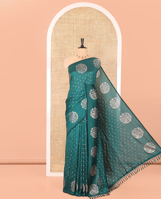 Borderless Peacock Vichitra Silk Saree, Elevated  with Paisley and Flora-Paisley Buttas All Over Its Body, Subtle Self-Pallu, and Paired with a Matching Blouse