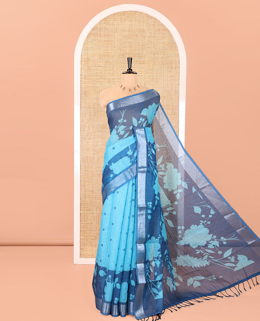 Blue Linen Cotton Saree, Beautified with Silhouette-Style Floral Vine Printed on Its Body, Subtly Zari Bavanji Border, Pallu of Same Floral Print, and Paired with a Matching Blouse