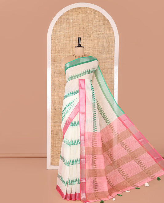 Cream Linen Cotton Saree, Adorned with Thilakam Motifs All Over Its Body, Complemented by a Contrast Bavanji Ganga-Jamuna Border, Contrast Pallu, and Paired with a Contrast Blouse
