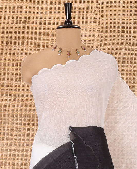 Black and White Ombre Dyed Linen Cotton Saree, Subtle Scallop Border, Paired with a Face Printed Blouse