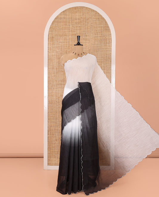 Black and White Ombre Dyed Linen Cotton Saree, Subtle Scallop Border, Paired with a Face Printed Blouse