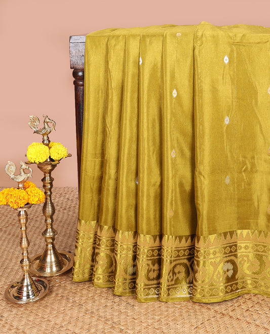 Mustard zari butta dola silk saree with patola style design, temple border & rich pallu along with plain blouse