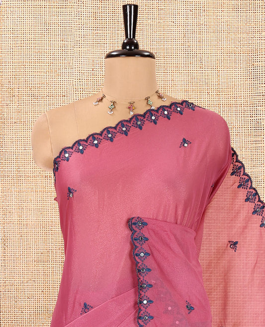 Onion Pink Rangoli Chiffon Saree, Detailed with Thread and Mirror Work Buttas on Its Body, Subtle Scallop Embroidered Border, Embroidered Pallu, and Paired with a Contrast Mirror Work Blouse