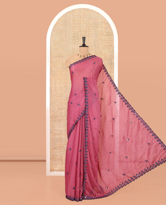 Onion Pink Rangoli Chiffon Saree, Detailed with Thread and Mirror Work Buttas on Its Body, Subtle Scallop Embroidered Border, Embroidered Pallu, and Paired with a Contrast Mirror Work Blouse